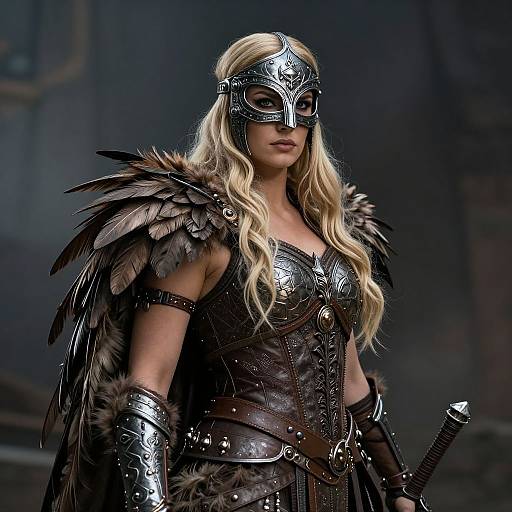 Photograph of a blonde woman in medieval Viking armor with black feathered shoulder pads, ornate helmet, and brown leather corset. Dark, blurred