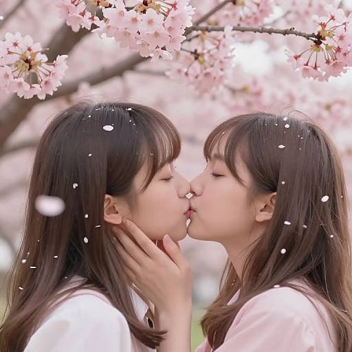 Photograph of two East Asian women with straight black hair, kissing softly under blooming pink cherry blossoms, white petals falling.