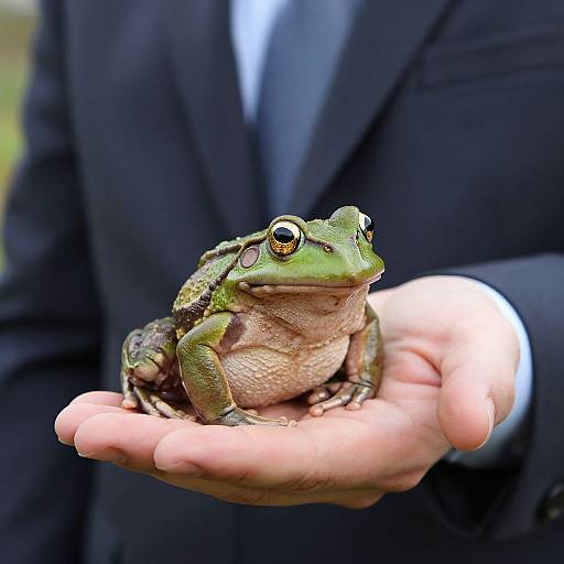 Photograph of a green frog with large, yellow eyes, sitting in a person's cupped hand, wearing a dark suit.