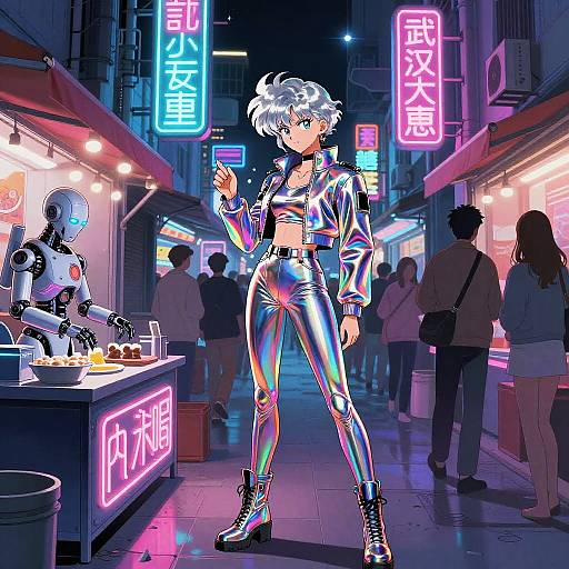 Neon-lit cyberpunk street scene: silver-haired woman in shiny, reflective, futuristic outfit stands confidently beside a robotic vendor, surrounded by neon signs