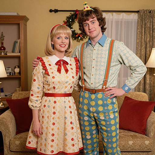Photograph of a 1950s-themed couple in a cozy living room; woman in polka dot dress, red bow; man in polka