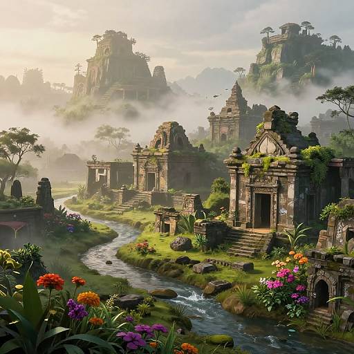 Digital art of a lush, misty ancient temple landscape with colorful flowers, a winding river, and intricate, moss-covered stone structures.