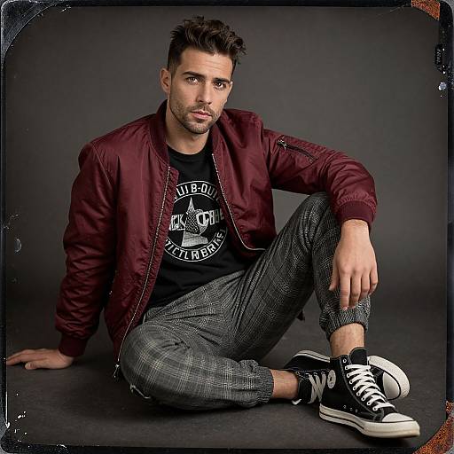 Photograph of a handsome, dark-haired man with a trimmed beard, wearing a burgundy jacket, black graphic tee, plaid pants, and black