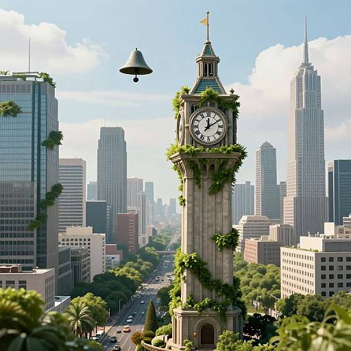 Digital art of a clock tower in a city, overgrown with vines, with a UFO hovering above, skyscrapers in background.