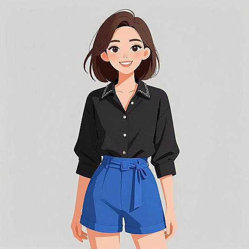 Digital anime-style illustration of a smiling woman with short brown hair, wearing a black button-up shirt and high-waisted blue shorts.