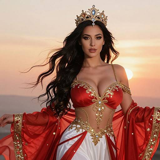 Photorealistic image of a dark-haired woman with large breasts, wearing a gold crown, red and gold ornate top, and white skirt, standing