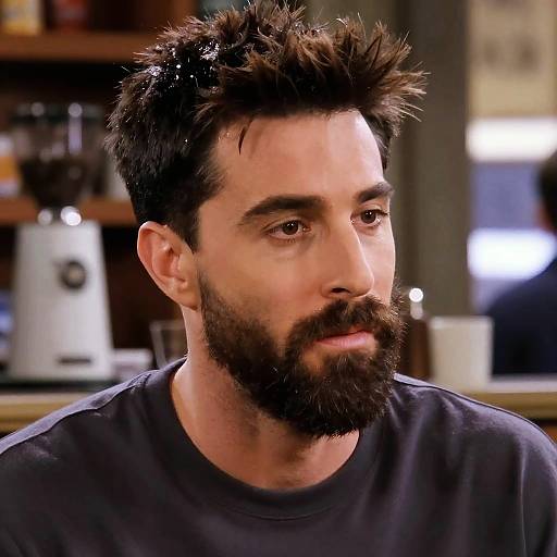 Thoughtful Bearded Man in Coffee Shop