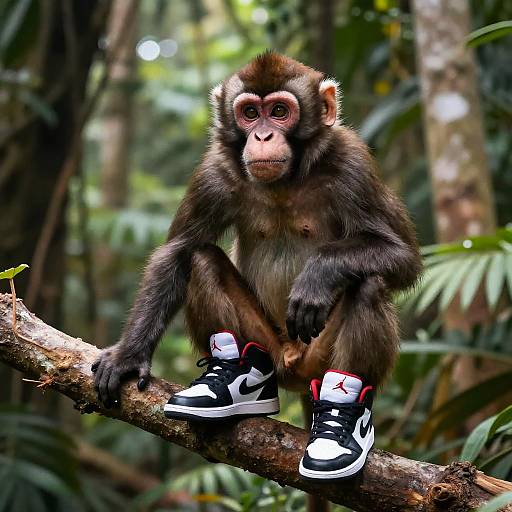 Photograph of a young monkey with dark fur, sitting on a branch in a lush jungle, wearing black-and-white Nike sneakers with red accents.