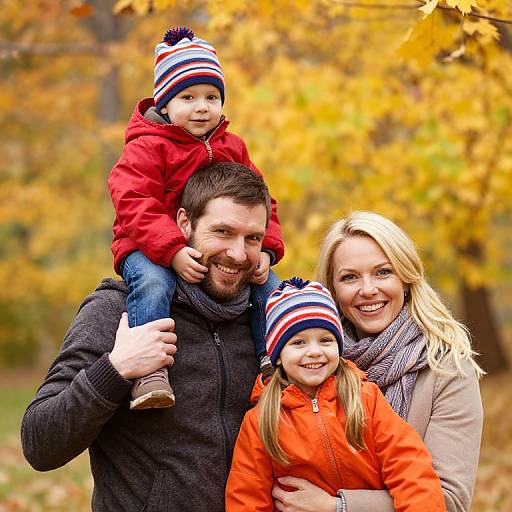 Photograph of a smiling Caucasian family in autumn: bearded father in black jacket carrying son in red jacket, blonde mother in beige coat, and daughter