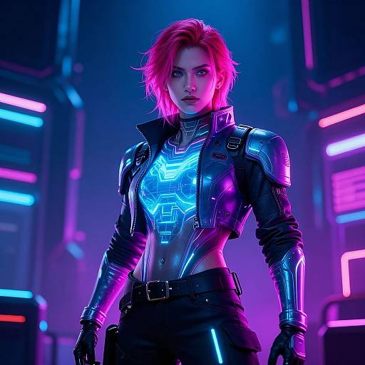 Cyberpunk-style photograph of a fierce woman with neon pink hair, wearing a glowing blue armored crop top and black leather jacket, standing in a neon