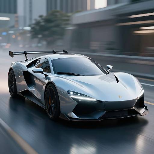 Photorealistic CGI of a sleek, silver Lamborghini Aventador with black accents speeding on a rainy urban street at dusk.