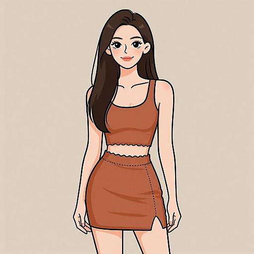 Digital illustration of a smiling Asian woman with long black hair, wearing a red crop top and matching skirt, standing against a white background.