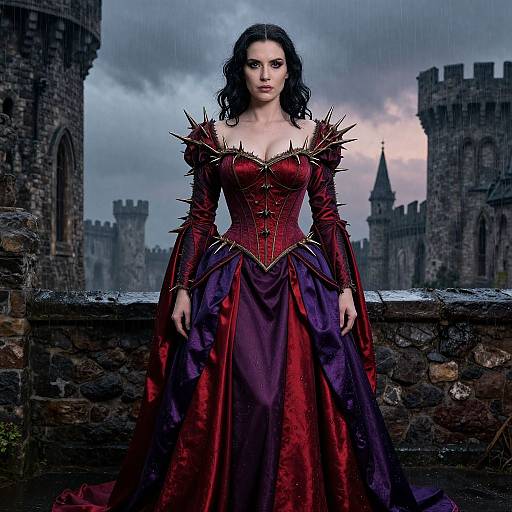 Photograph of a dark-haired woman in a red and purple spiked corset gown, standing in a medieval stone castle courtyard under a cloudy, twilight sky