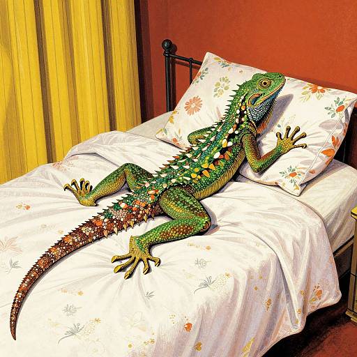 Photograph of a vividly colored green iguana with orange and brown patterns, lying on a white floral-patterned bed in a room with yellow
