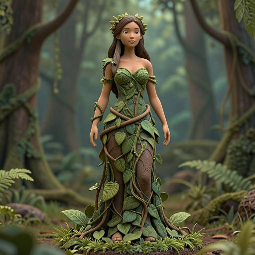 Digital artwork of a young, brown-skinned woman in a leafy, vine-adorned forest dress with a crown, standing in a lush,