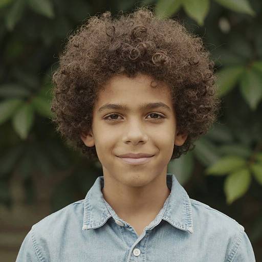 Photograph of a young boy with curly brown hair, medium brown skin, wearing a light blue denim shirt, smiling softly against a blurred green leafy