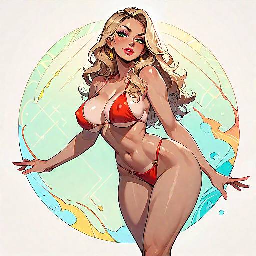 Seductive Blonde in Red Bikini Pose