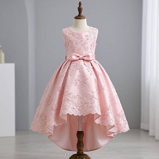 Photograph of a pink lace and satin A-line dress on a mannequin, featuring an ornate lace bodice and a wide satin waistband