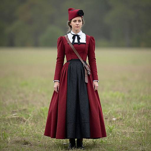 Photograph of a young woman in a vintage-style, deep red velvet dress with black skirt and white collar, standing in a grassy field, wearing