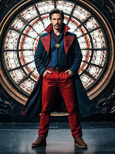 Man in Doctor Strange Inspired Costume Standing in Front of Stained Glass Window