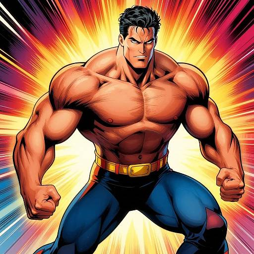Muscular, shirtless man with black hair and blue pants, glowing yellow-orange background, fists clenched, superhero style, comic art.