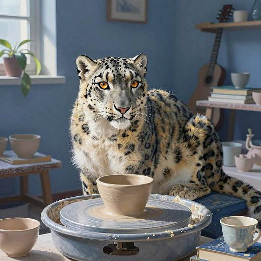 Snow Leopard Potter in Cozy Studio