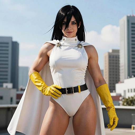 Photograph of a muscular woman with black hair, wearing a white superhero costume, yellow gloves, and cape, standing on a rooftop against a cityscape