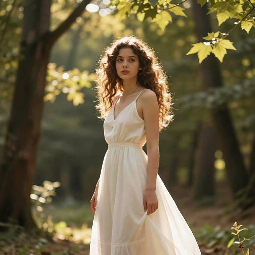 Photograph of a young woman with curly brown hair, wearing a white, sleeveless, lace-trimmed dress, standing in a sunlit forest