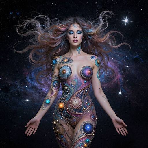 Digital art of a nude, ethereal woman with flowing hair, adorned with colorful, cosmic patterns, floating in a starry space backdrop.