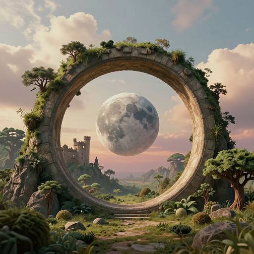 Digital fantasy art: large stone archway with greenery, framing a giant moon in a sunset sky over a medieval castle and lush landscape.