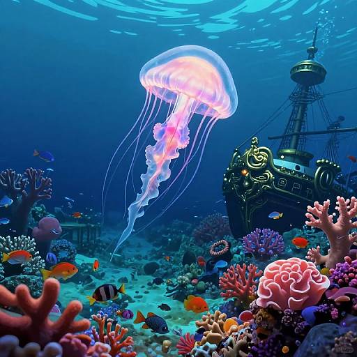 Vibrant underwater scene: glowing jellyfish near a sunken, ornate pirate ship amidst colorful coral reefs and diverse marine life.