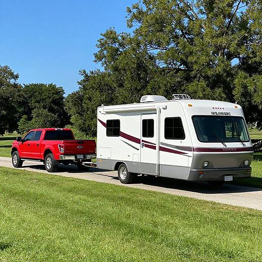 Red Ford Truck Towing White Maroon RV