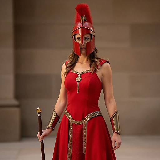 Photorealistic CGI of a muscular woman in ancient Greek warrior attire, wearing a red helmet with a red plume, holding a spear, standing against