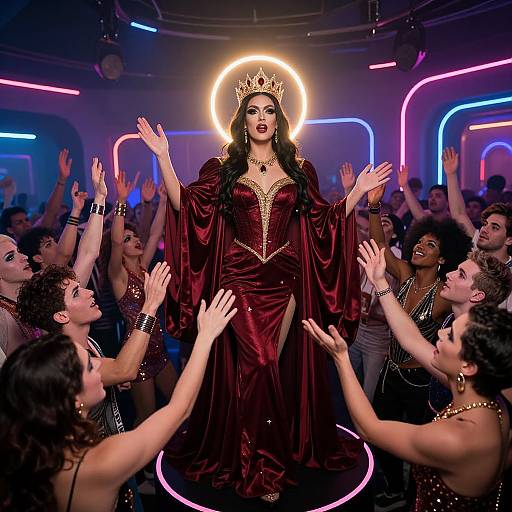 Photograph of a dark-haired woman in a maroon velvet gown and golden crown, surrounded by cheering, dancing people in a neon-lit club.