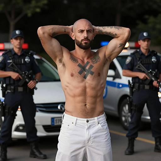 Tattooed Man and Police in Night Scene