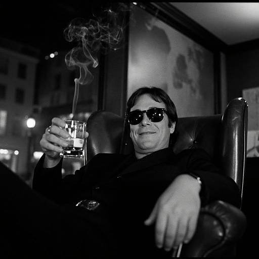 Black-and-white photograph of a middle-aged man with sunglasses, dark hair, and black clothing, smoking a cigarette in a leather chair in a dimly