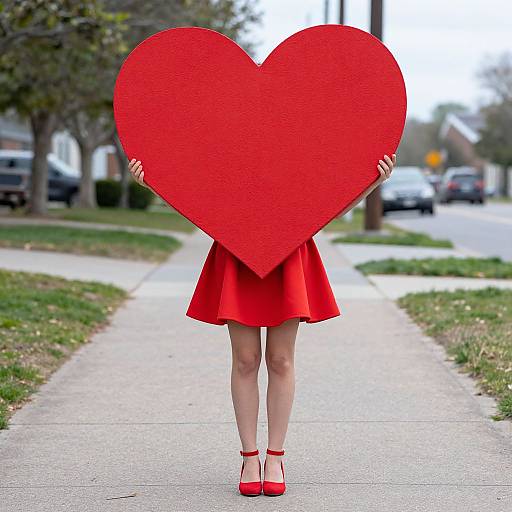 Photograph of a woman in a red dress and red heels, standing on a suburban sidewalk, holding a large red heart that covers her face.