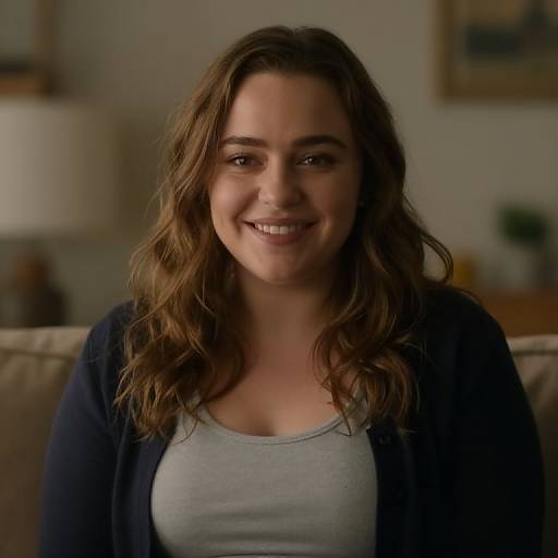 Photograph of a smiling, fair-skinned woman with wavy brown hair, wearing a gray tank top and navy cardigan, seated indoors.