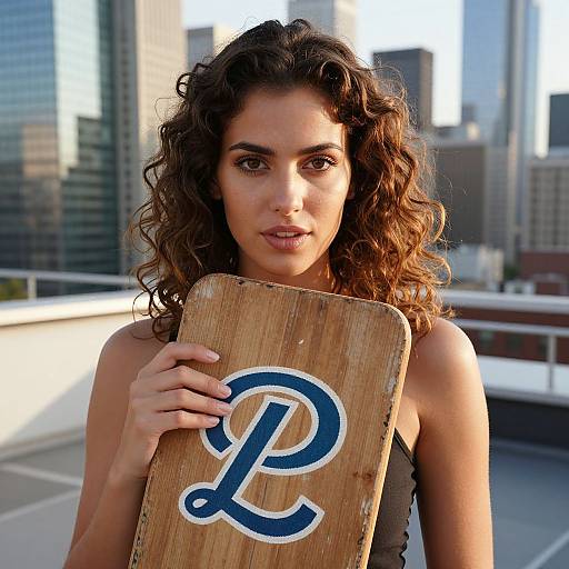 Urban Rooftop Woman with Wooden Board