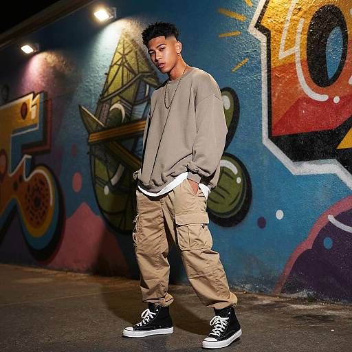 Photograph of a young Black man with short curly hair, wearing a gray sweatshirt, beige cargo pants, and black sneakers, standing against a colorful