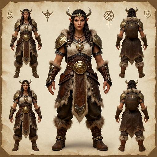 Digital concept art of a fierce, dark-haired female warrior in tribal armor with horns, fur, and gold accents, displayed front and back views.