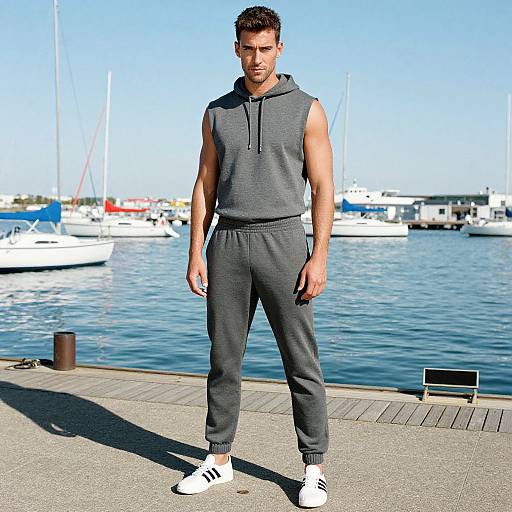 Photograph of a muscular man with short brown hair, wearing a gray sleeveless hoodie, matching pants, and white sneakers, standing on a dock with