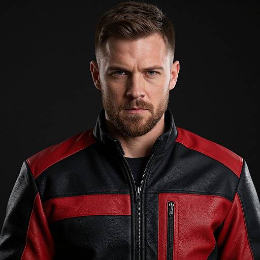 Photograph of a serious, bearded Caucasian man with short brown hair, wearing a red and black leather jacket, against a black background.