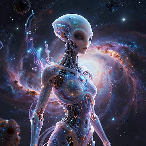 Ethereal Alien Cybernetic Figure in Cosmic Nebula