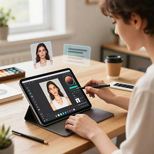 Young Designer Using AI Photo Editing on Tablet