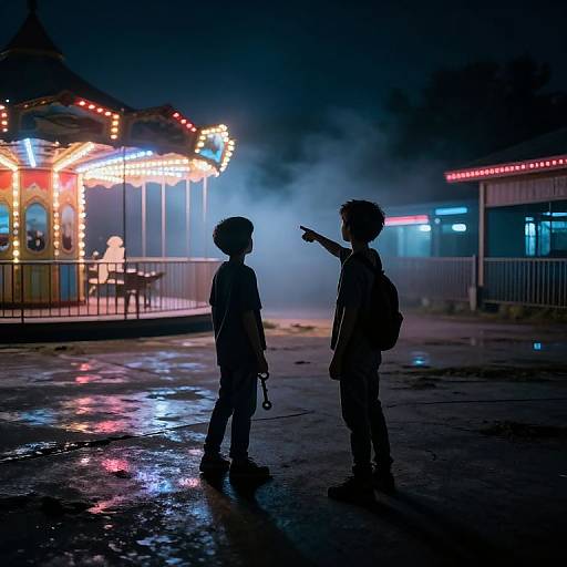 Photograph of two silhouetted children pointing at a brightly lit, colorful carousel at night, with neon lights and mist in the background.