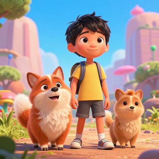 Cartoon-style image of a young boy with black hair, yellow shirt, black shorts, backpack, standing on a path with two fluffy brown and white