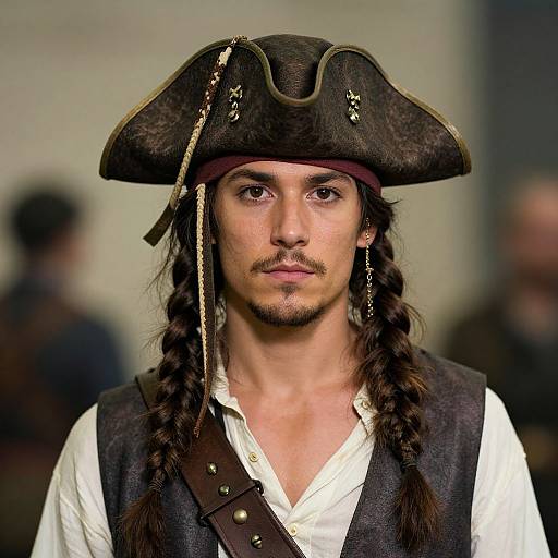 Photograph of a young man with medium skin, long brown braids, and a trimmed mustache, wearing a black tricorn hat and white shirt