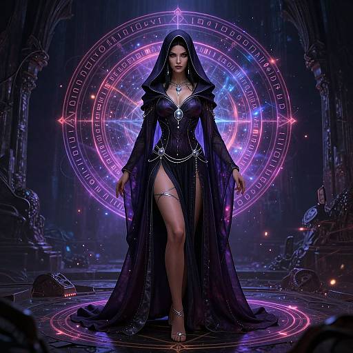 Digital artwork of a mysterious, dark-haired woman in a revealing black hooded robe, standing before a glowing, mystical, purple and blue circular portal in