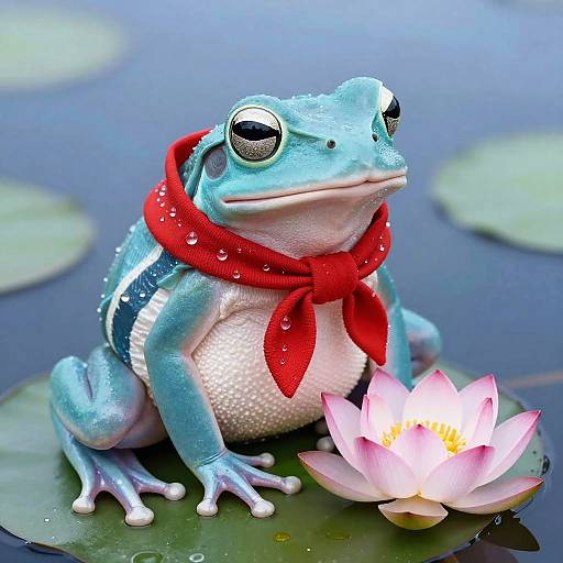 Photograph of a blue frog with a red bandana, sitting on a lily pad with a pink water lily, water droplets on its